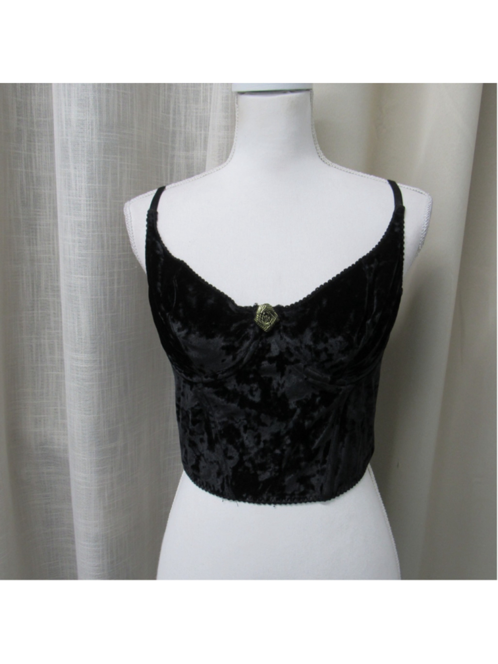 Vintage 90s Black Crushed Velvet Bustier Top Sweetheart Cami Corset L/38 USA